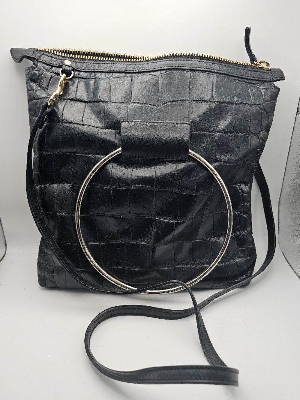 Little Liffner Croc‑Embossed Ring Tote – Made in Italy, Sculptural Silver Handle